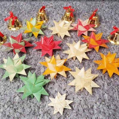 Moravian star waxed paper origami and metal bell ornaments