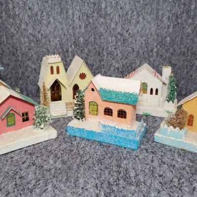 Glittered artisan cardboard craft putz holiday village buildings