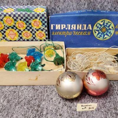 Vintage russian christmas lights and glass ball ornaments