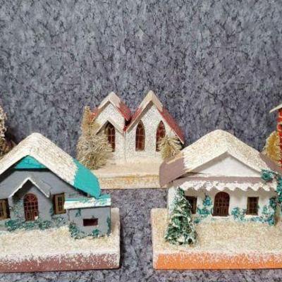 5 glittered artisan cardboard craft putz holiday village buildings