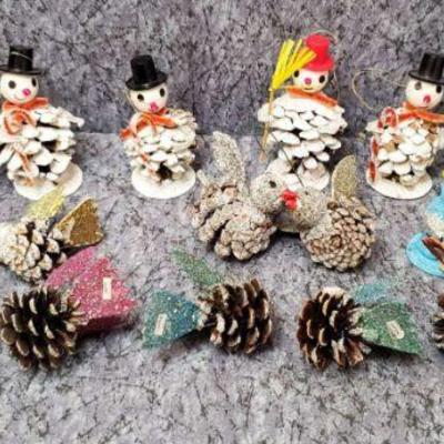 Vintage pinecone craft bird and snowman ornaments