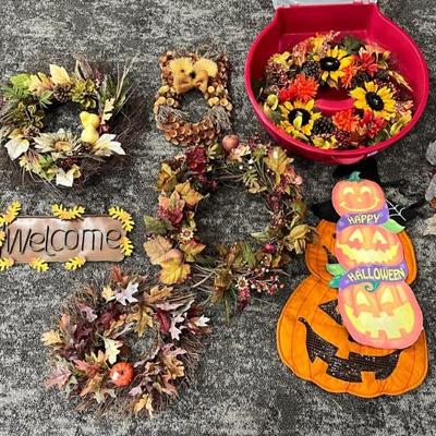 Fall Decor Lot - Welcome Sign, Owl, Wreaths With Case, And Pumpkins