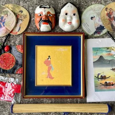 Asian Decor - Shadow Box Picture, Signed Print, Mat, Lucky Washi Masks, And Fans