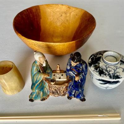 Chinese Shiwan Pottery Mud Man Figurine, Rice Bowl, Wood Bowl, Chop Sticks