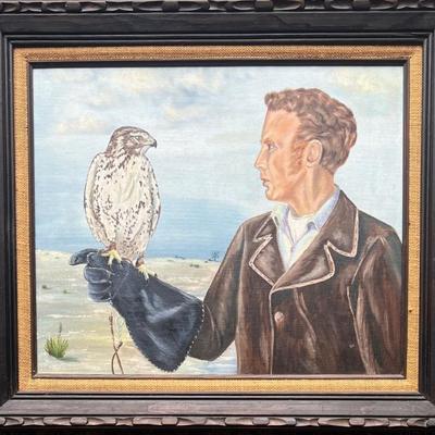 Original Signed J. Cole Oil On Board Falconry Painting In Burlap Matted Wood Frame