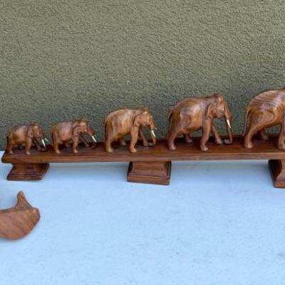 Vintage Hand Carved Teak Elephant Family On Bridge, Teak Thinker Figurine, Turtle Trinket Dish