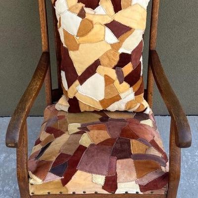 Antique Solid Oak Slat Back Rocker With Patchwork Leather Seat And Pillow