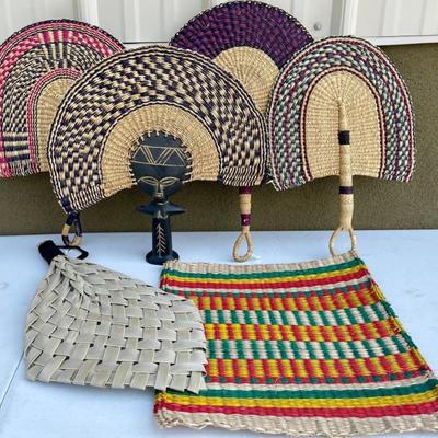 Lot Of Ghana Hand Woven Fans Including Toga Lome Wood Fan