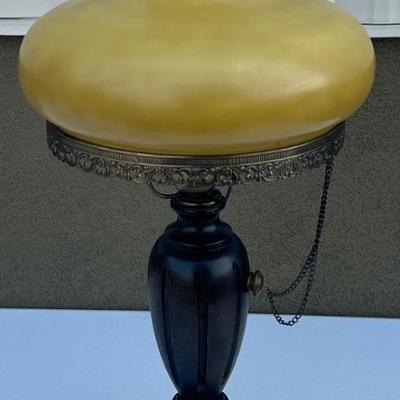 Vintage Brass And Wood Base Hurricane Lamp And Glass Shade