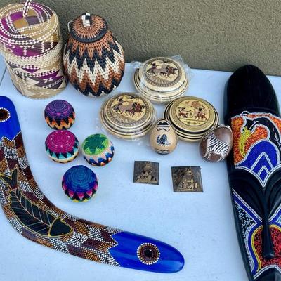 International Lot - Greece Boxes, African Trible Mask (As Is), Australian Boomerang, Egypt Paper Weights, Etc.