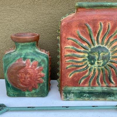(2) Made In Mexico Sun Face Pots, Metal Arrow Wall Hanging