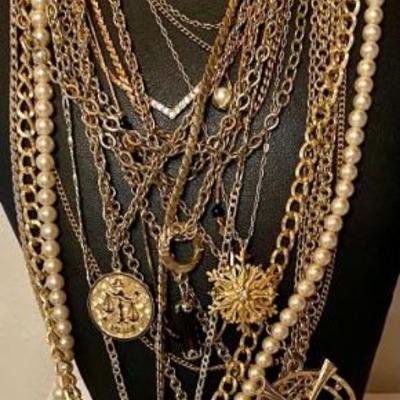 Large Collection Of Gold Tone Necklaces - Sarah Coventry - Napier - Avon - NYC  - Chain Link - Owl & More
