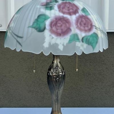 Vintage Reverse Painted Double Pull String Glass Shade Table Lamp With Brass Base