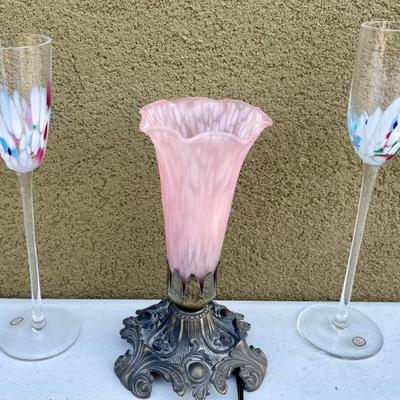 Pink Art Glass Table Lamp Works, (2) Hand Blown Art Glass Hungary 8.5" Glasses