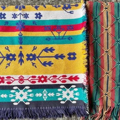 Pair Of Throw Blankets - Crocheted Multicolor With Fringe, Woven Cotton