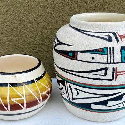 Navajo Sand Painted Pot And A Signed Pueblo Pot