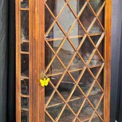 Vintage 80" Glass Front Corner Curio Cabinet With Key