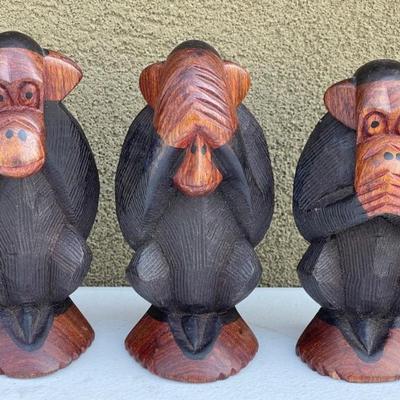 (3) Hand Carved Monkeys  - Hear, See, And Speak No Evil