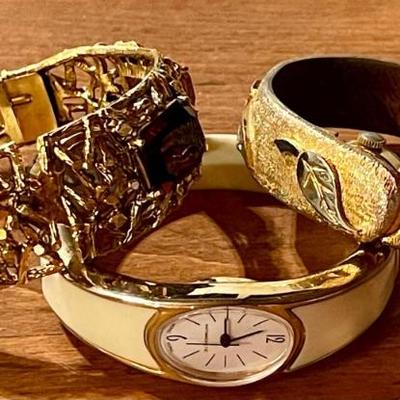 3 Vintage Ladies Bracelet Watches - Pilgrims With Rhinestones - Gold Tone Leaf & White Plastic Band 