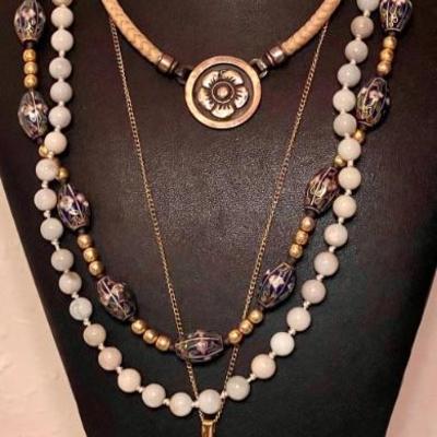 Jade Bead Knotted Necklace Silver Clasp - Cloisonne & Gold Bead Necklace & 900 Silver & Woven Hide Antique