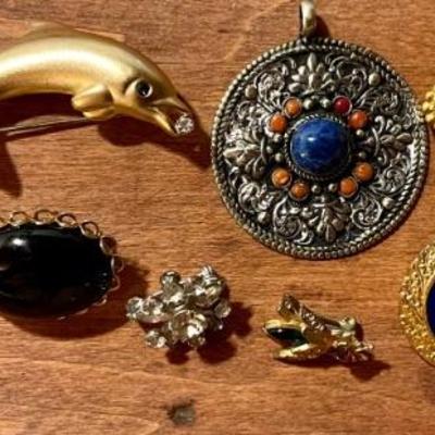 Vintage Pins & Pendants - Stone - (1) Sterling Silver - Dolphin - Monet Tree - Enamel Crown And Crown 