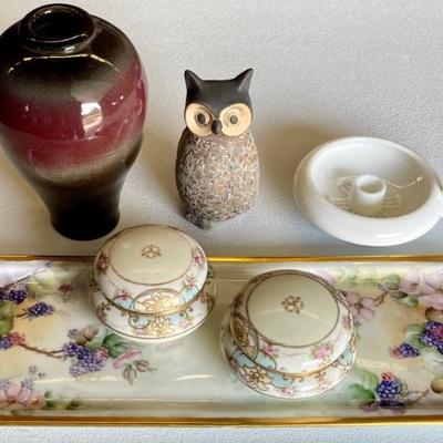 Pair Of Noritake Hand Painted Dresser Jars, M And Z Austria Hand Painted Tray, Pottery Owl Vase