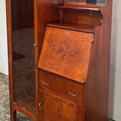 Antique Oak Side By Side Drop Front Secretary With Beveled Mirror, Key, And Shelves