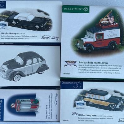 (6) Department 56 Heritage And Snow Village - Phone Booth, Mustang, American Pride Express, And More