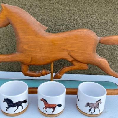 Carved Wood Horse On Stand, (3) Horse Motif Miniature Planters With Bases