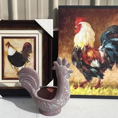 Framed And Canvas Rooster Prints With A Small Rooster Planter