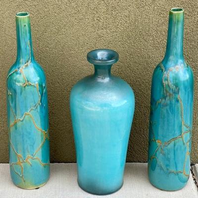 (3) Blue, Teal, And Brown Vases