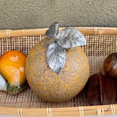 Basket Of Hand Carved Wood And Alabaster Stone Fruit, Resin Orange