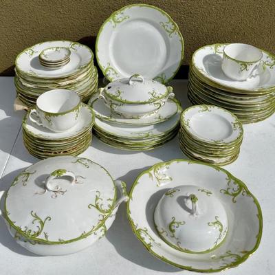 Partial Set Of Saxe Antique Green And Gold Rim China