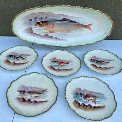 Antique Limoges France Master Fish Plate (as Is) With (5) Dinner Plates