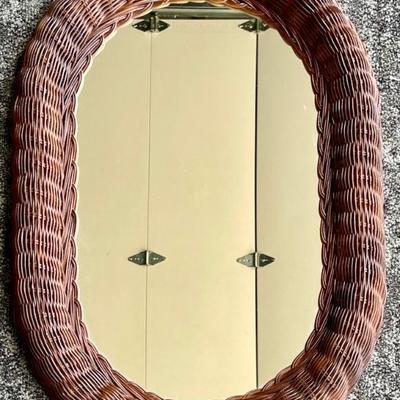 Vintage Oval Wicker Mirror With Wood Back
