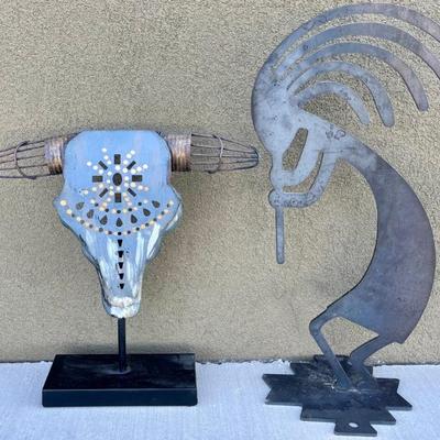 Hand Made Metal Kokopelli Figurine And Metal Steer Skull Figurine