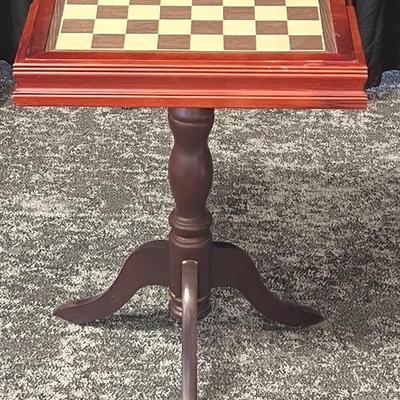Small Wood And Veneer 27.5" Chest And Checker Table With Inner Storage And Game Pieces