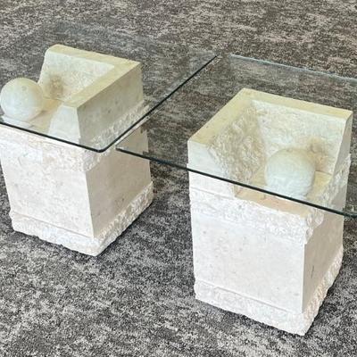 Pair Of Magnussen Presidential Furniture Faux Stone Tessellated Sphere Beveled Glass Side Tables