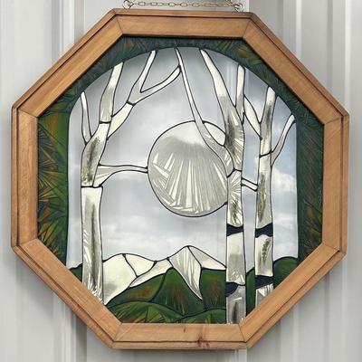 Vintage Stained Glass Octagonal Moon And Mountain Wall Hanging