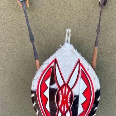 Mombasa Kenya 2008 Masai Shield And Spears Signed Wall Hanging 