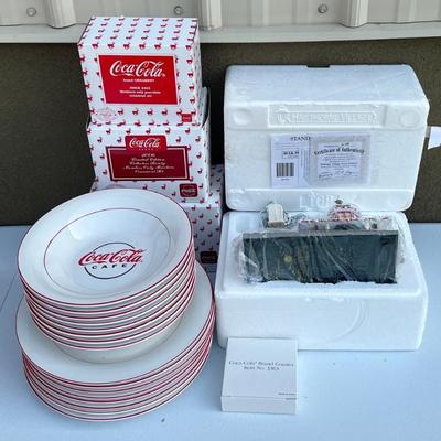 Collectible Coca-cola Lot - Gibson Cafe Plates And Bowls, (3) Ornaments, Holiday Village Train Station