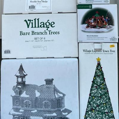 (6) Assorted Department 56 - Village Lighted Town Tree, Village Station, Bear Branch Trees, And More