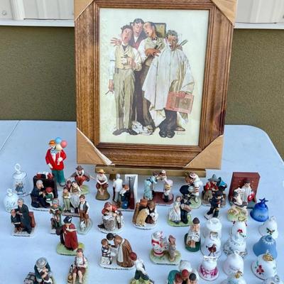 Norman Rockwell Lot - Print In Frame, Assorted Figurines, And Bells