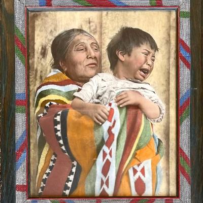 J. A. Haran Portland Oregon 1903 Native American Print With Wood And Bead Frame  