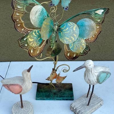 Pier 1 Painted Metal Butterfly Lamp And (2) Hobby Lobby Decorative Birds