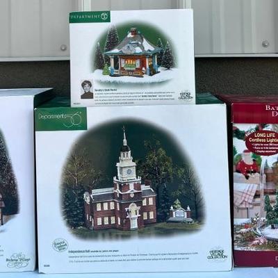 (4) Department 56 Battery Operated Decorating Set, Independence Hall, Dorothy's Skate Rental, And More