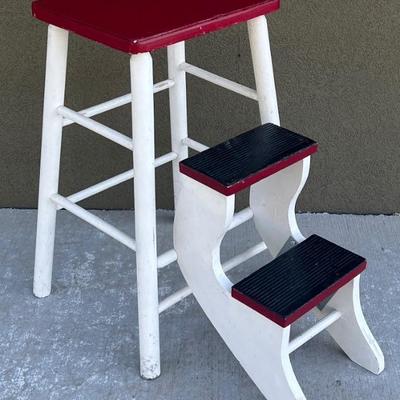 Vintage Hand Made Wood Red And White Stool And Folding Step Stool (as Is)