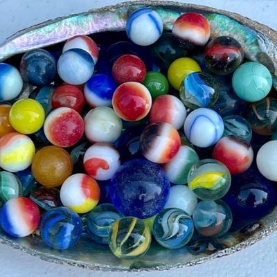 Lot Of Assorted Marbles In Abalone Shell - Blood Agate, Jadeite, Cat's Eyes, And More