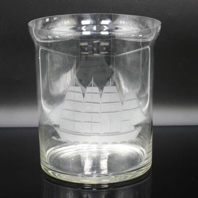 Toscany Romania Glass Old Fashioned Style Vase with Etching of a Large Ship