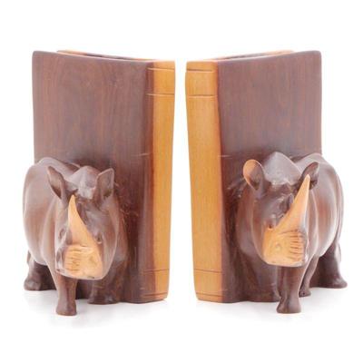 Two-Tone Solid Wood Carved Rhinoceros Bookends